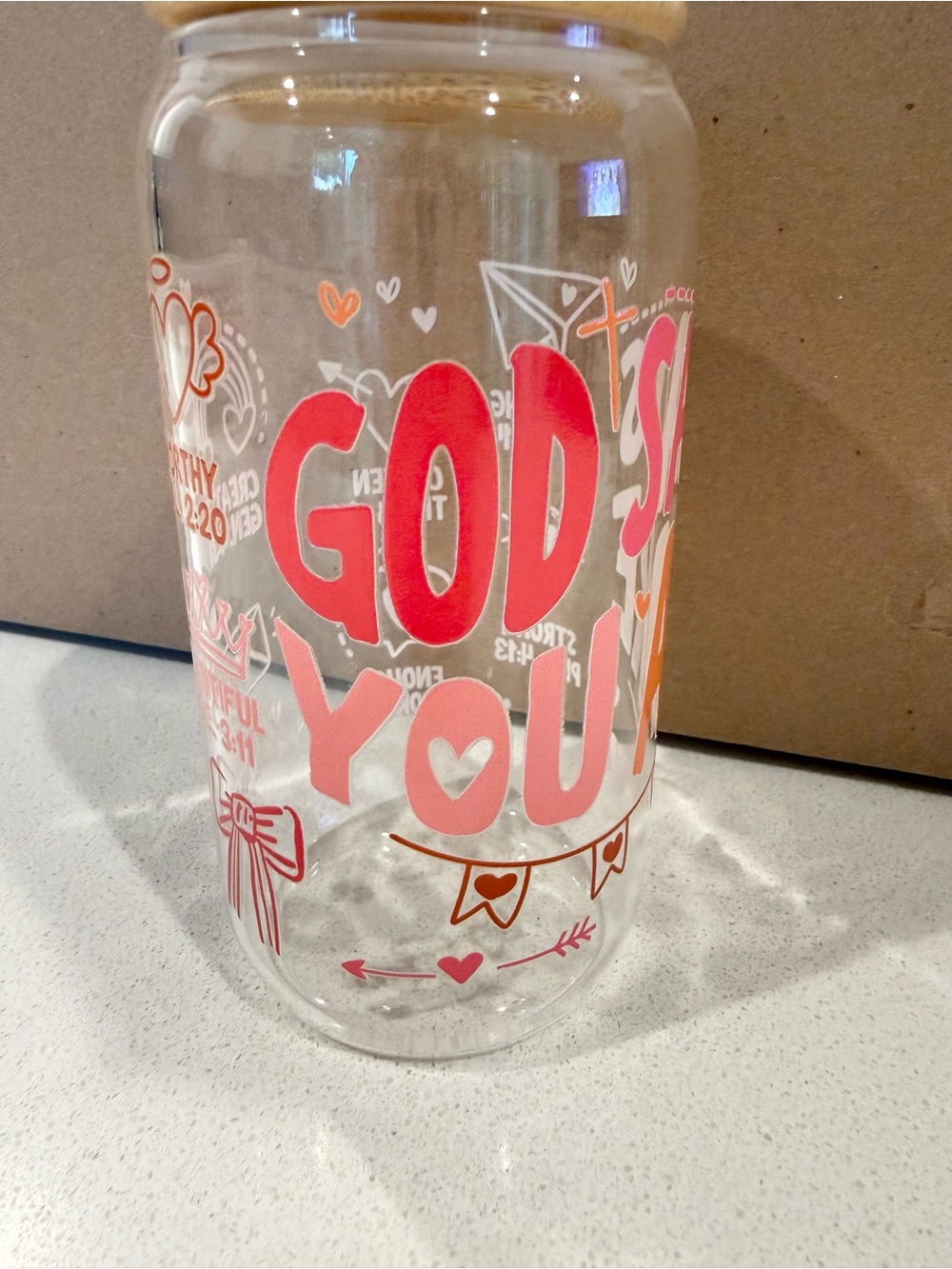 Glass cup with Pink and Coral 'GOD'S YOU' Lettering